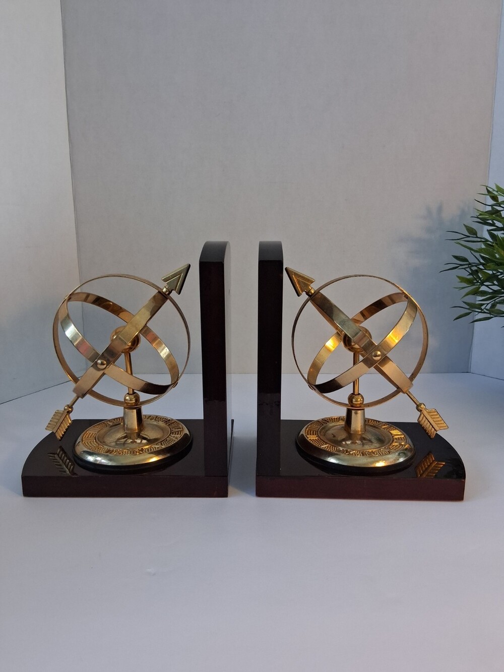 VTG Brass Armillary Sphere Bookends with Mahogany Base; MCM ROC Taiwan